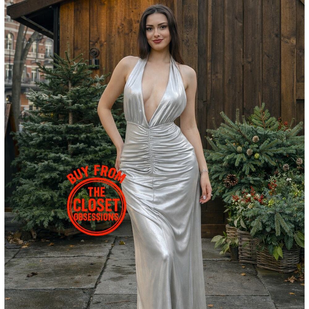 ZARA Metallic Halter Maxi Dress NWT Silver Ruched Formal Wedding Guest L - Picture 8 of 16